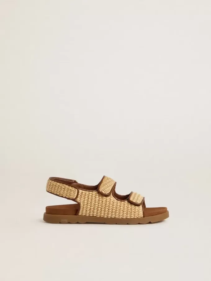 Junior-Sandalen „Noa” aus beigem Raffia und braunem Leder