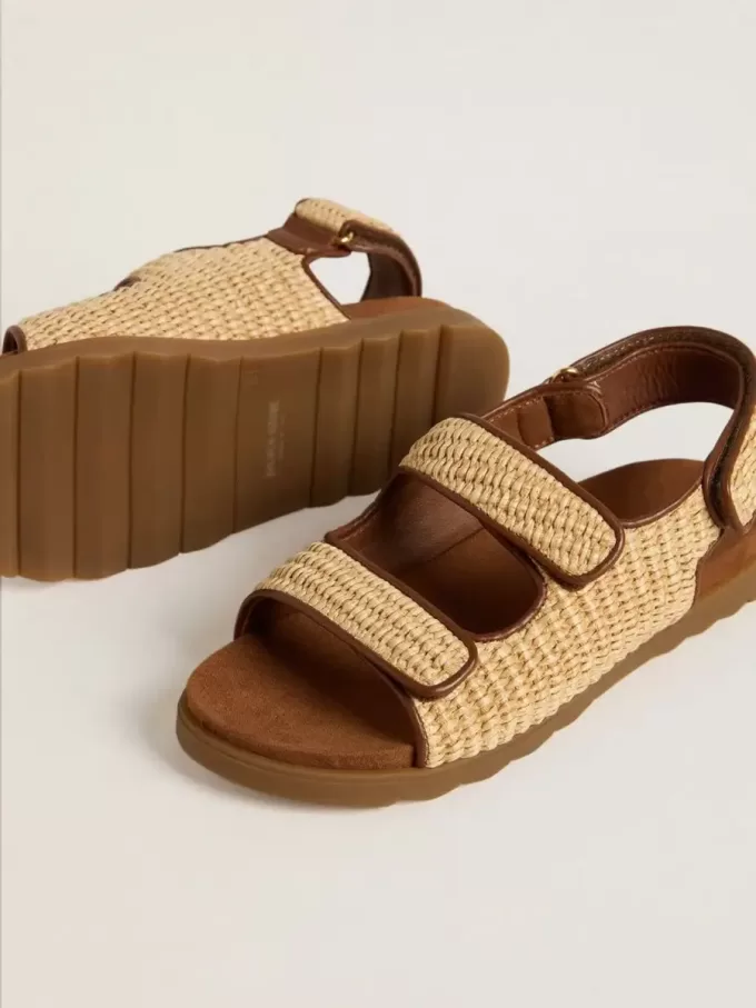 Junior-Sandalen „Noa” aus beigem Raffia und braunem Leder