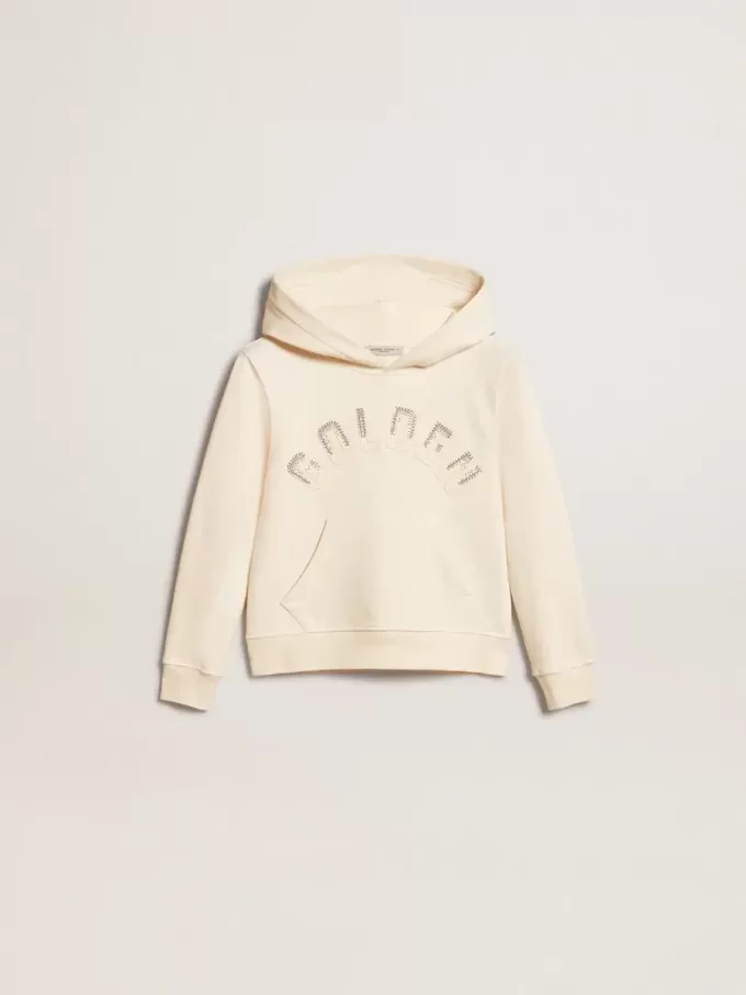 Kapuzensweatshirt in Altweiß mit Aufnähern Kapuzensweatshirt in Altweiß mit Aufnähern