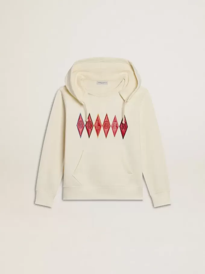 Kapuzensweatshirt in Used-Weiß mit goldener Stickerei auf der Vorderseite