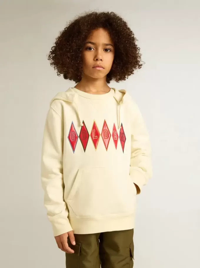 Kapuzensweatshirt in Used-Weiß mit goldener Stickerei auf der Vorderseite