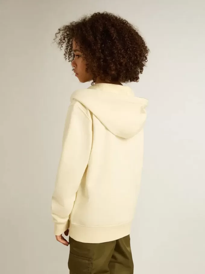 Kapuzensweatshirt in Used-Weiß mit goldener Stickerei auf der Vorderseite