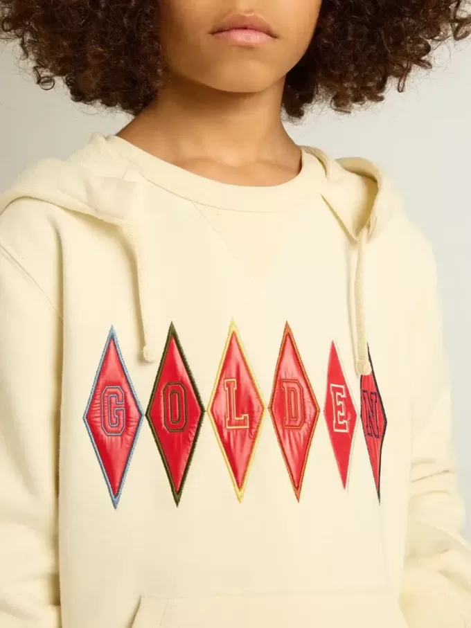 Kapuzensweatshirt in Used-Weiß mit goldener Stickerei auf der Vorderseite
