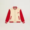 Kinder-Bomberjacke aus beiger und roter Baumwolle mit Stickerei auf der Brust Kinder-Bomberjacke aus beiger und roter Baumwolle mit Stickerei auf der Brust