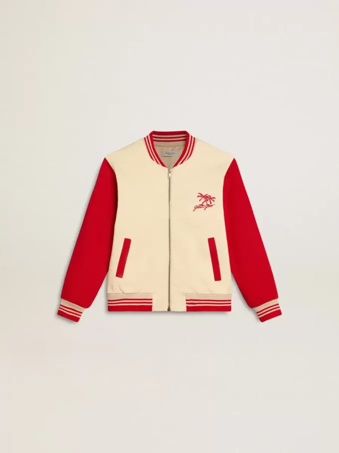 Kinder-Bomberjacke aus beiger und roter Baumwolle mit Stickerei auf der Brust Kinder-Bomberjacke aus beiger und roter Baumwolle mit Stickerei auf der Brust