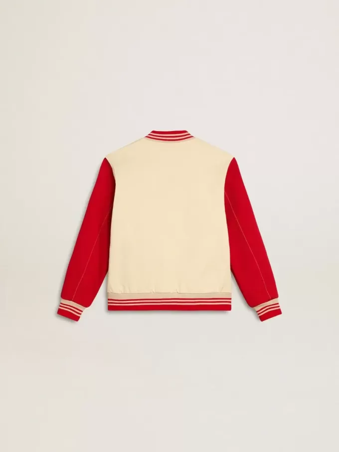 Kinder-Bomberjacke aus beiger und roter Baumwolle mit Stickerei auf der Brust Kinder-Bomberjacke aus beiger und roter Baumwolle mit Stickerei auf der Brust