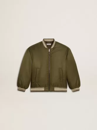 Kinder-Bomberjacke aus militärgrünem Nylon mit Schriftzug auf dem Rücken