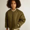 Kinder-Bomberjacke aus militärgrünem Nylon mit Schriftzug auf dem Rücken