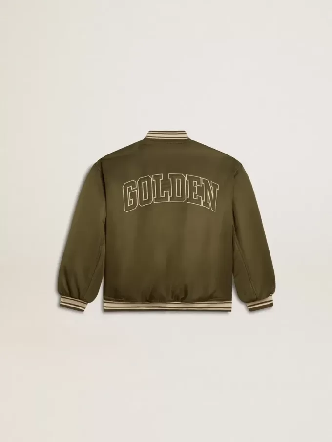 Kinder-Bomberjacke aus militärgrünem Nylon mit Schriftzug auf dem Rücken