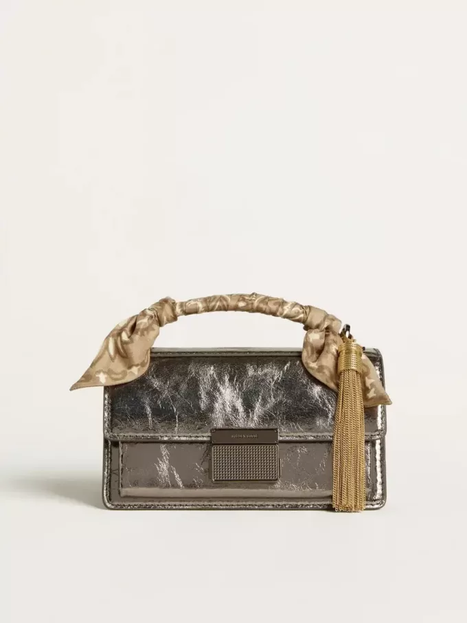 Kleine Venezia-Tasche aus anthrazitgrauem Metallic-Leder mit schwarzen Details