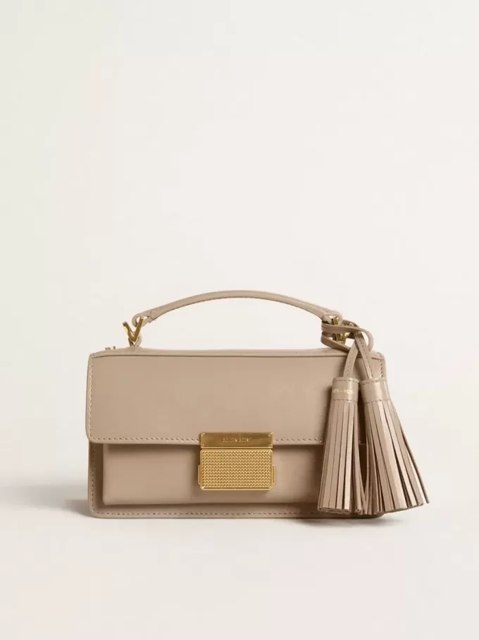Kleine Venezia-Tasche aus beigem Leder mit Golddetails