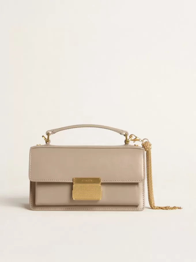 Kleine Venezia-Tasche aus beigem Leder mit Golddetails