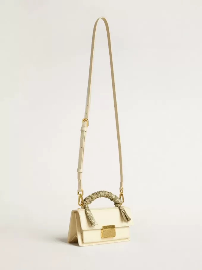 Kleine Venezia-Tasche aus butterfarbenem Leder mit geflochtenem Schal