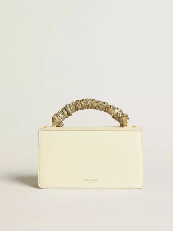 Kleine Venezia-Tasche aus butterfarbenem Leder mit geflochtenem Schal