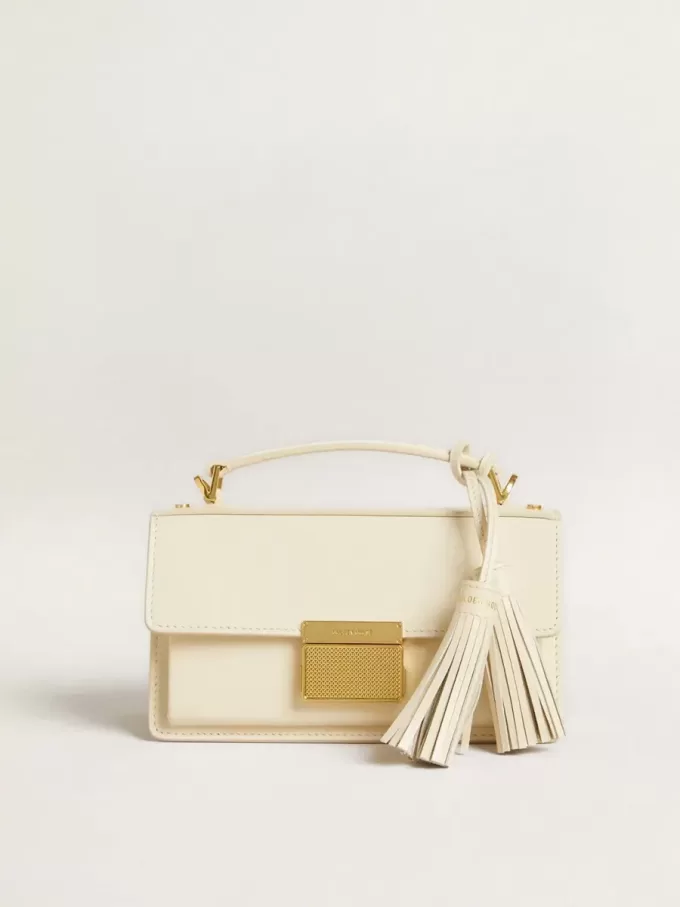 Kleine Venezia-Tasche aus butterfarbenem Leder mit Golddetails