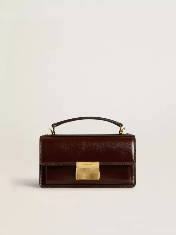 Kleine Venezia-Tasche aus dunkelbraunem laminiertem Leder mit goldenen Details