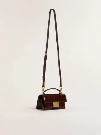 Kleine Venezia-Tasche aus dunkelbraunem laminiertem Leder mit goldenen Details