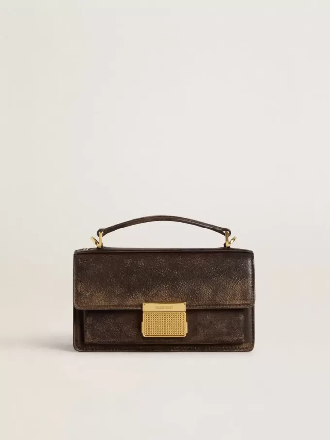 Kleine Venezia-Tasche aus dunkelbraunem Leder mit goldener Schnalle