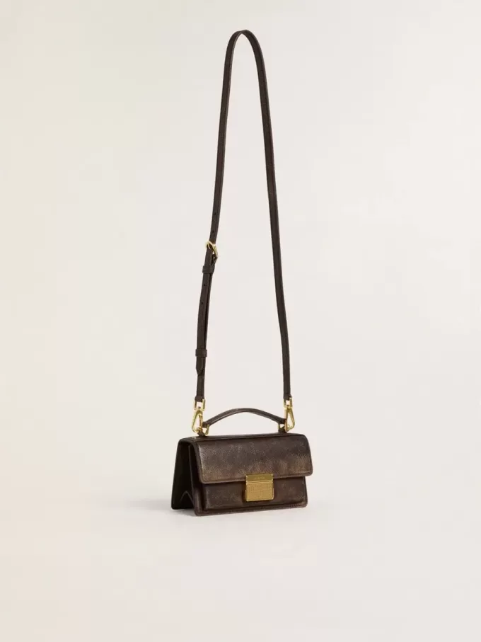 Kleine Venezia-Tasche aus dunkelbraunem Leder mit goldener Schnalle