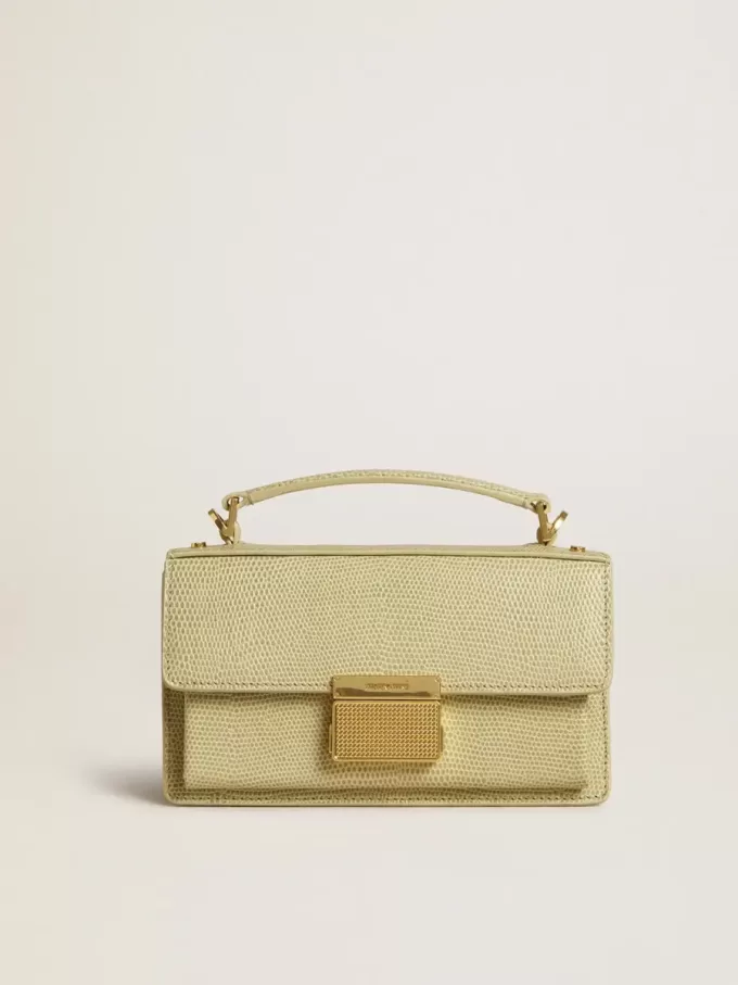 Kleine Venezia-Tasche aus hellgrünem Leder mit Python-Print und goldenen Details