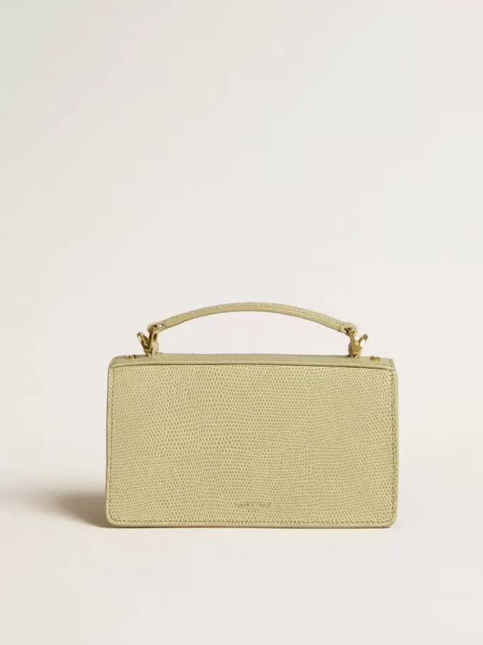 Kleine Venezia-Tasche aus hellgrünem Leder mit Python-Print und goldenen Details