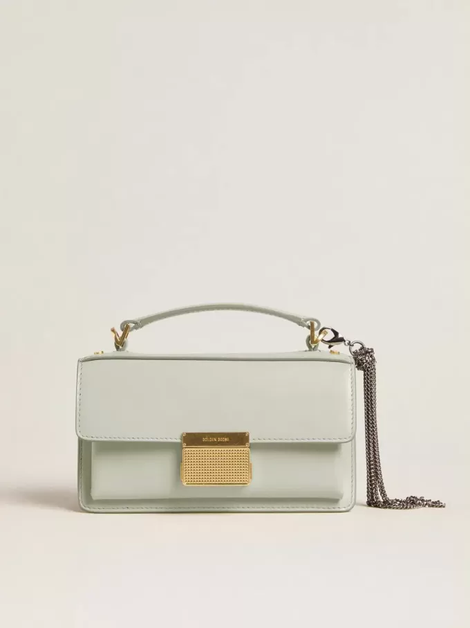 Kleine Venezia-Tasche aus mineralgrauem Leder mit Golddetails