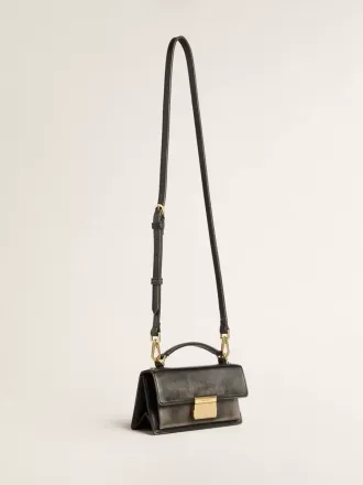 Kleine Venezia-Tasche aus schwarzem Distressed-Leder mit goldenen Details