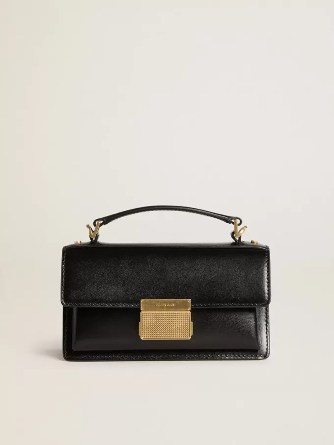 Kleine Venezia-Tasche aus schwarzem Leder mit Golddetails