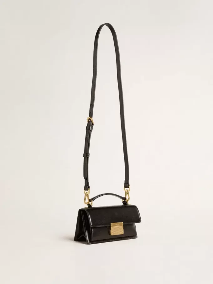 Kleine Venezia-Tasche aus schwarzem Leder mit Golddetails