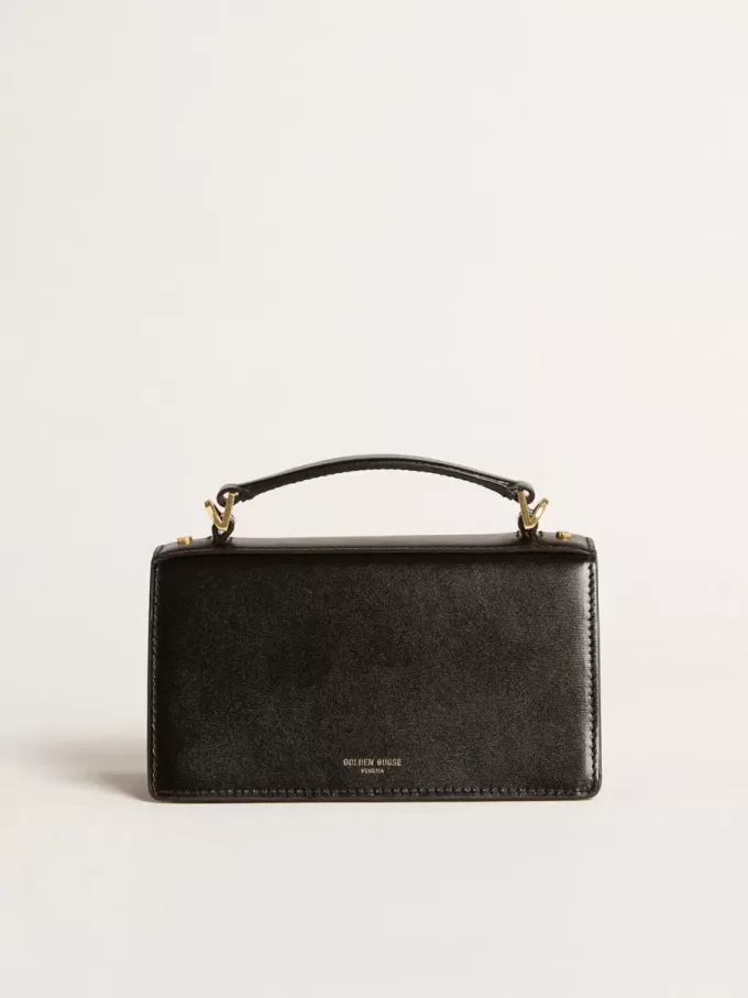 Kleine Venezia-Tasche aus schwarzem Leder mit Golddetails