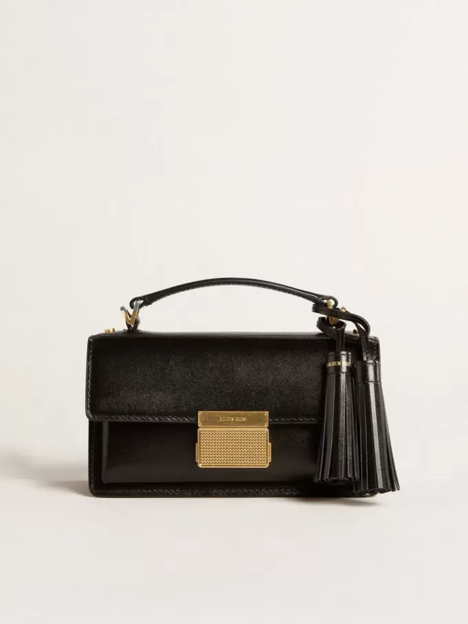Kleine Venezia-Tasche aus schwarzem Leder mit Golddetails
