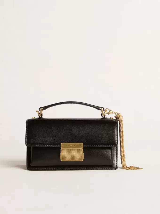 Kleine Venezia-Tasche aus schwarzem Leder mit Golddetails