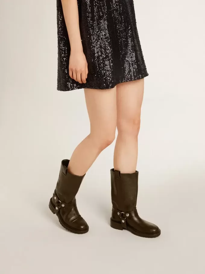 Kurt-Stiefel aus schwarzem Leder mit silberner Schnalle Kurt-Stiefel aus schwarzem Leder mit silberner Schnalle