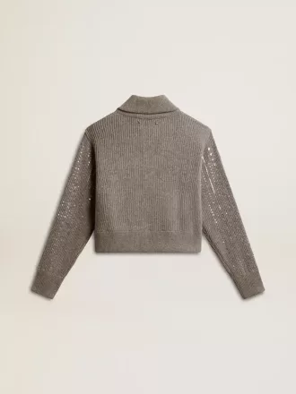 Kurz geschnittener Damenpullover aus grau melierter Wolle mit Pailletten Kurz geschnittener Damenpullover aus grau melierter Wolle mit Pailletten