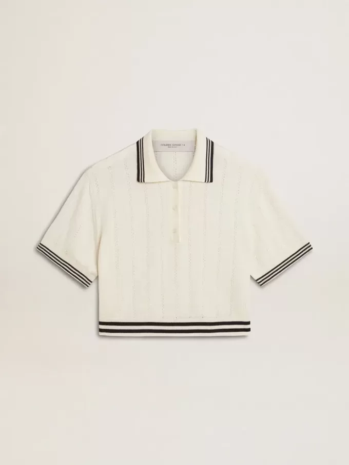 Kurz geschnittenes, weißes Baumwoll-Poloshirt für Damen mit blauen Rippbündchen Kurz geschnittenes, weißes Baumwoll-Poloshirt für Damen mit blauen Rippbündchen