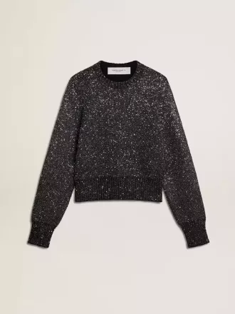 Kurzer Damenpullover aus schwarzer Wollmischung mit durchgehenden Pailletten