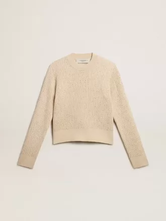 Kurzer Pullover mit Rundhalsausschnitt aus beiger Wolle mit Kristallverzierung