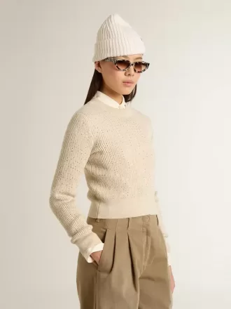 Kurzer Pullover mit Rundhalsausschnitt aus beiger Wolle mit Kristallverzierung