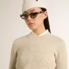 Kurzer Pullover mit Rundhalsausschnitt aus beiger Wolle mit Kristallverzierung