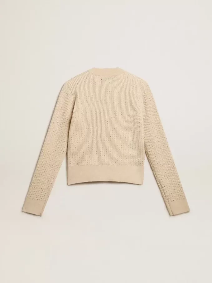 Kurzer Pullover mit Rundhalsausschnitt aus beiger Wolle mit Kristallverzierung