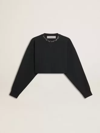 Kurzes Baumwoll-Sweatshirt für Damen mit Kristallen auf der Vorderseite