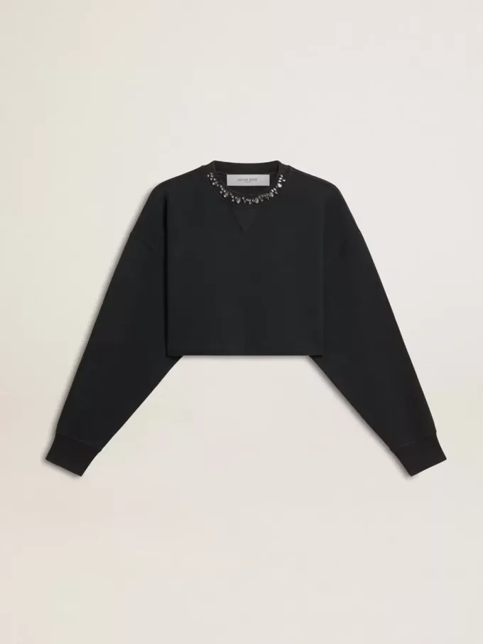 Kurzes Baumwoll-Sweatshirt für Damen mit Kristallen auf der Vorderseite