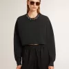 Kurzes Baumwoll-Sweatshirt für Damen mit Kristallen auf der Vorderseite