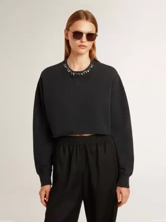 Kurzes Baumwoll-Sweatshirt für Damen mit Kristallen auf der Vorderseite