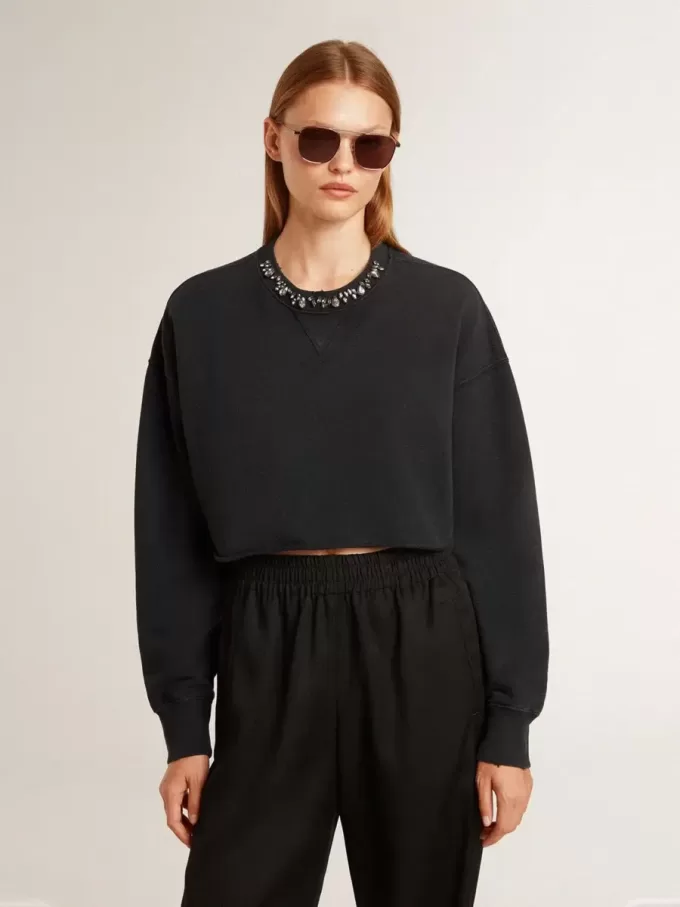 Kurzes Baumwoll-Sweatshirt für Damen mit Kristallen auf der Vorderseite