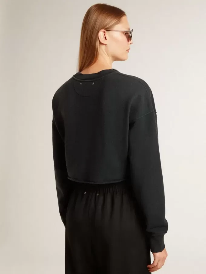 Kurzes Baumwoll-Sweatshirt für Damen mit Kristallen auf der Vorderseite
