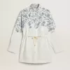 Kurzes Hemdkleid für Damen aus weiß gestreifter Baumwolle mit marineblauem Print