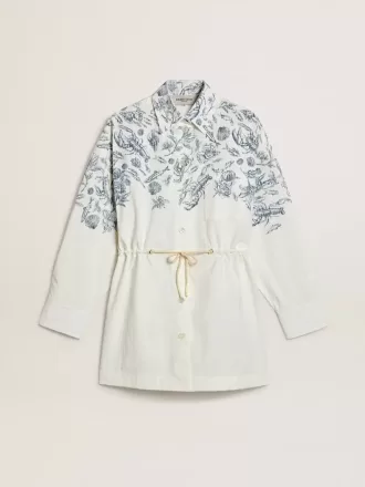 Kurzes Hemdkleid für Damen aus weiß gestreifter Baumwolle mit marineblauem Print