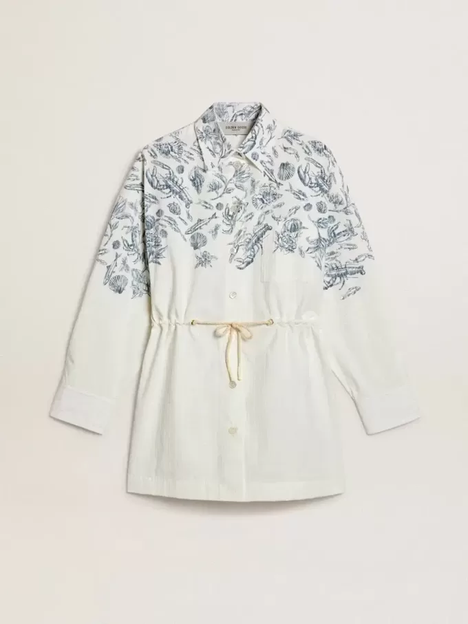 Kurzes Hemdkleid für Damen aus weiß gestreifter Baumwolle mit marineblauem Print