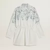 Kurzes Hemdkleid für Damen aus weiß gestreifter Baumwolle mit marineblauem Print